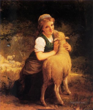 Young Girl with Lamb Emile Munier pet kids Oil Paintings